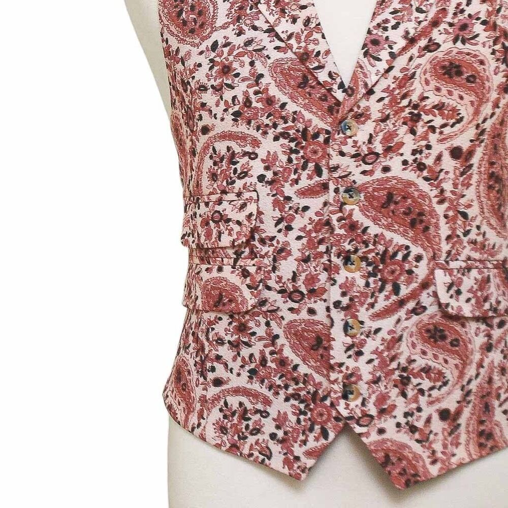 Mens Paisley Vest 44R Red Beige Waistcoat XL Formal Wedding Prom Party Groom - Picture 7 of 9